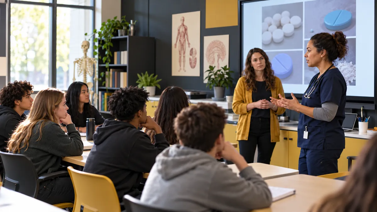 A school nurse and a health teacher lead a discussion with teenagers about counterfeit pills in a classroom.