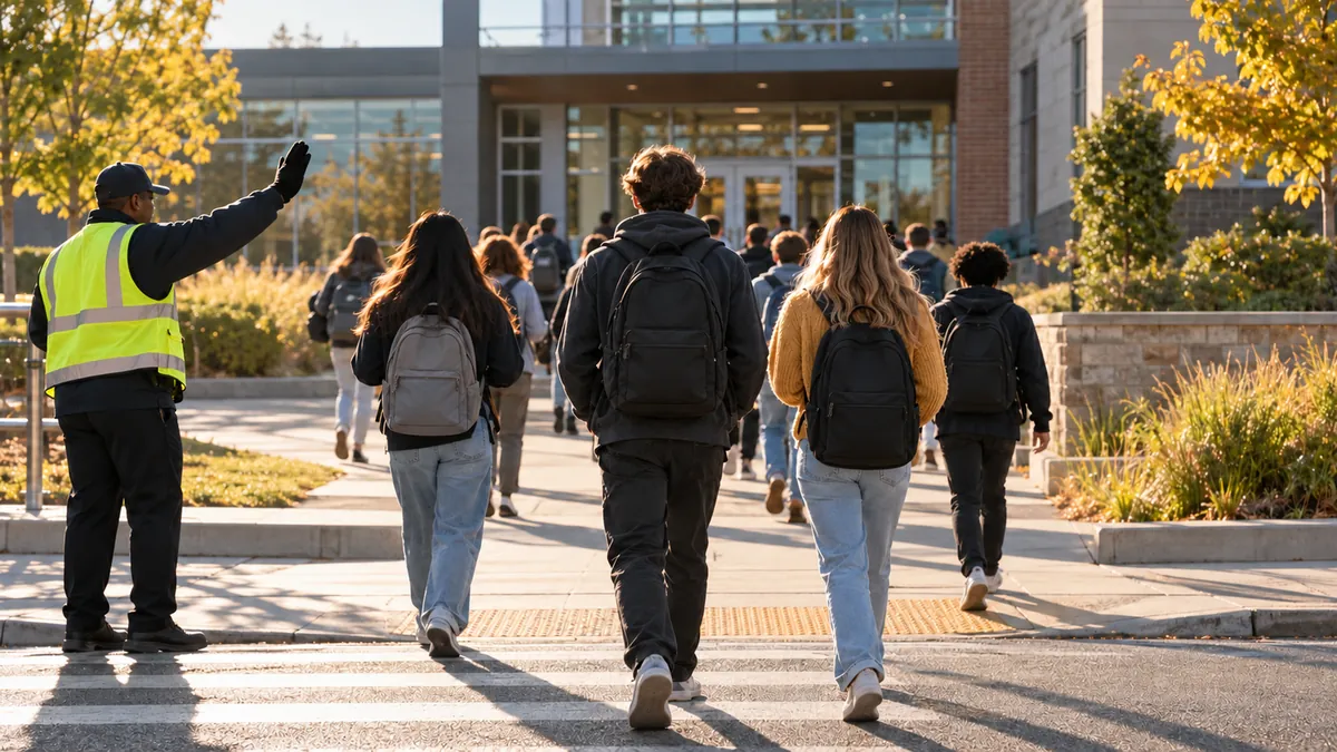 Teenagers with backpacks walk toward the high school entrance while a crossing guard waves.