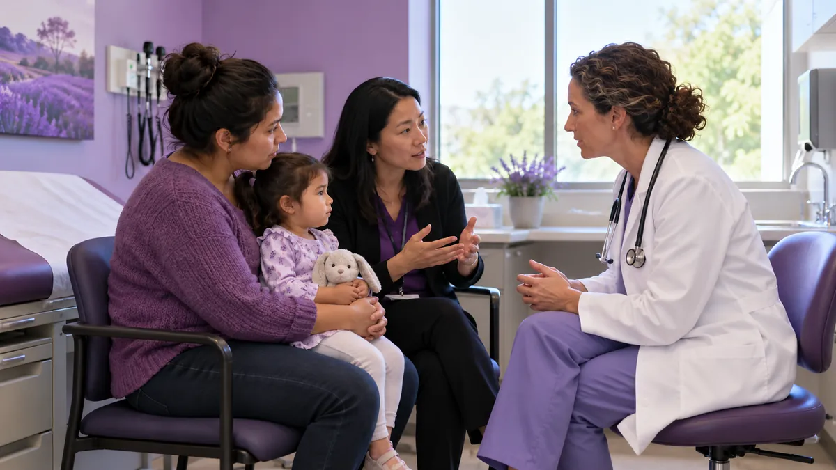 A medical interpreter sits beside a mother and a physician during a visit.