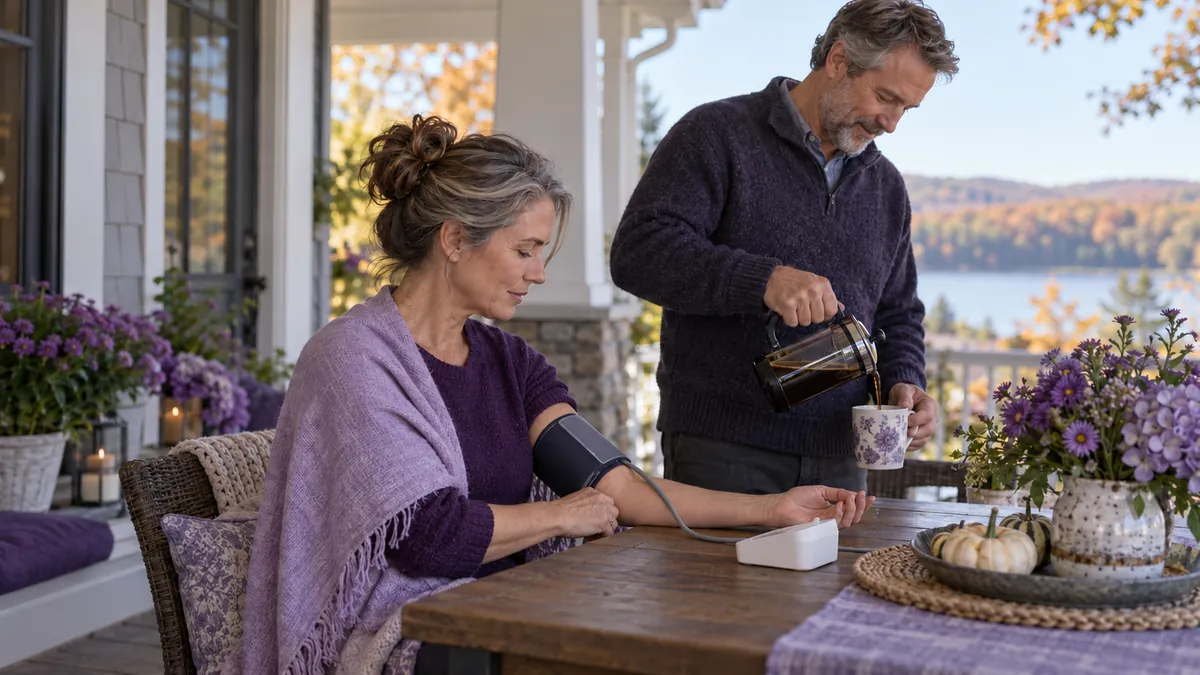 A middle-aged woman checks her blood pressure with a home cuff while her husband pours coffee.