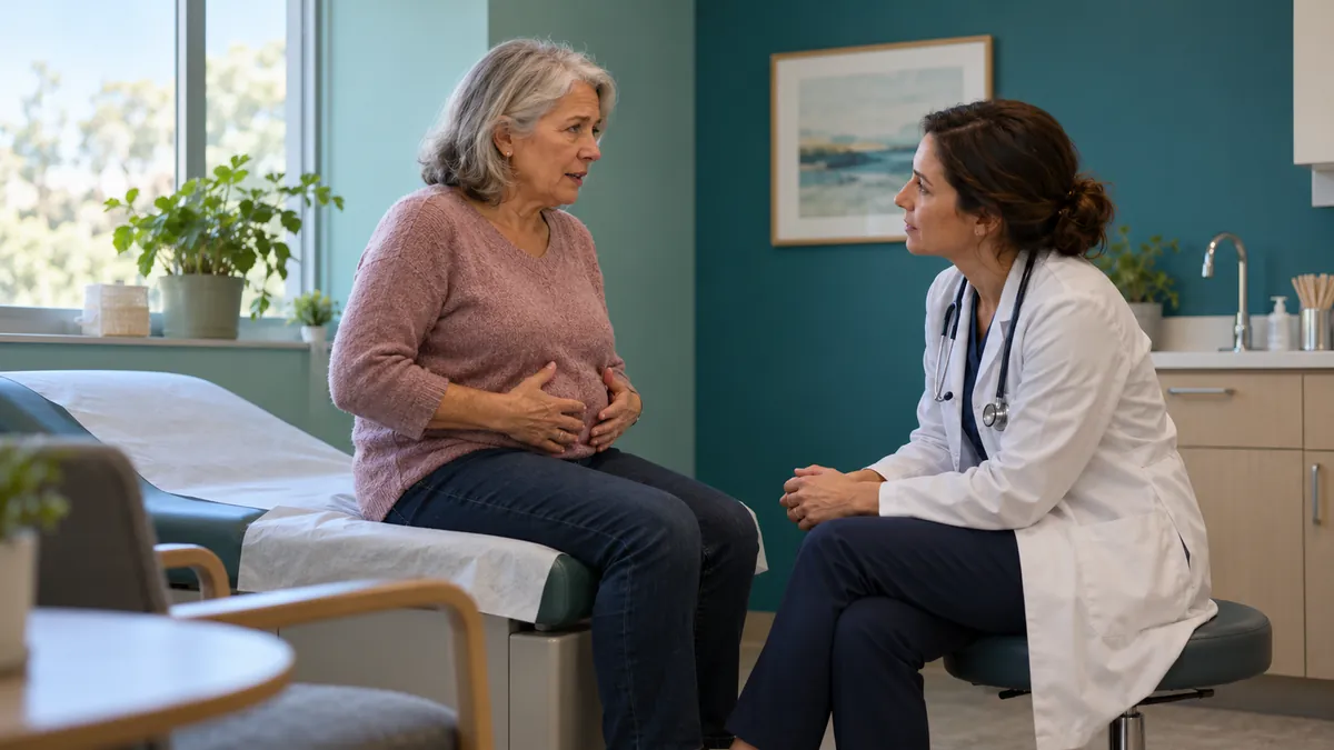 A family physician listens closely to a woman in her sixties describing persistent bloating.