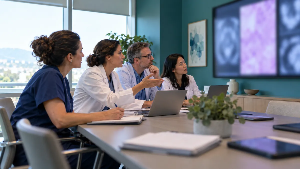 A gynecologic oncologist, a radiologist, a pathologist and a nurse navigator review images on a wall screen.