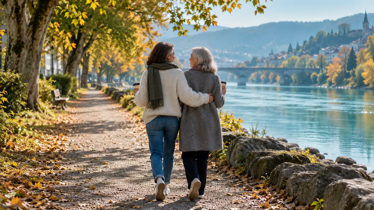 The patient and her sister walk arm in arm with coffee along a riverside path.