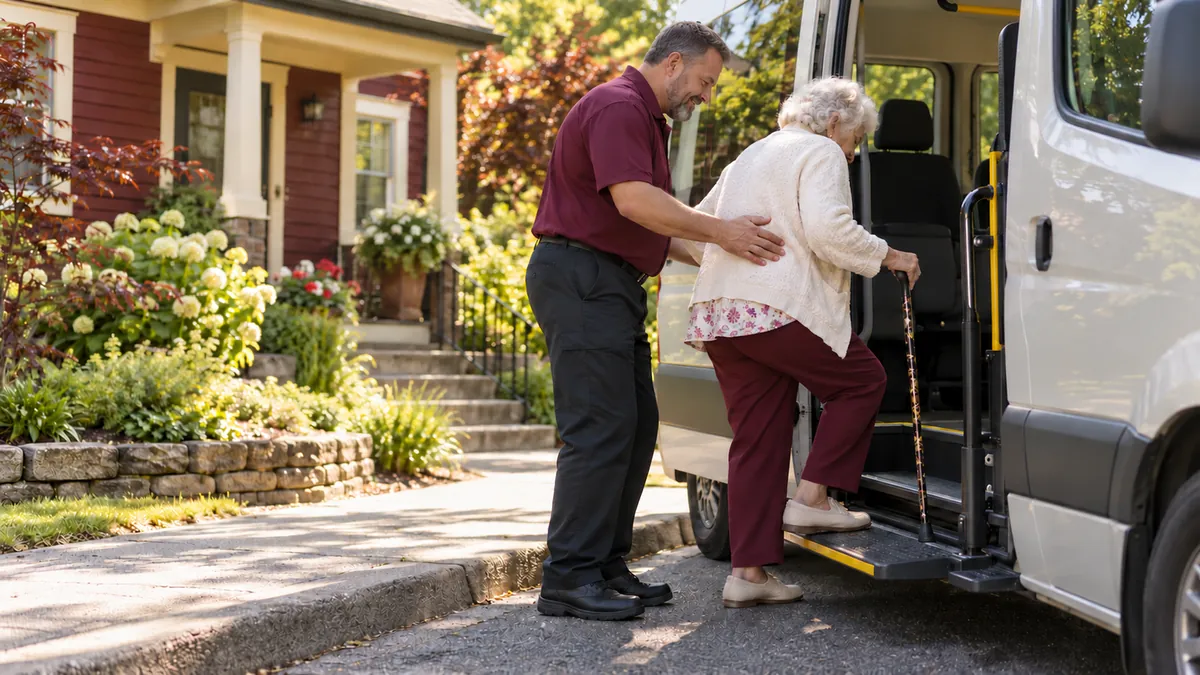 A transportation driver helps an older woman with a cane step into an accessible van.
