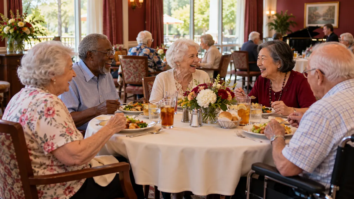 Older adults of different backgrounds share lunch and laugh at a round table in a senior center.