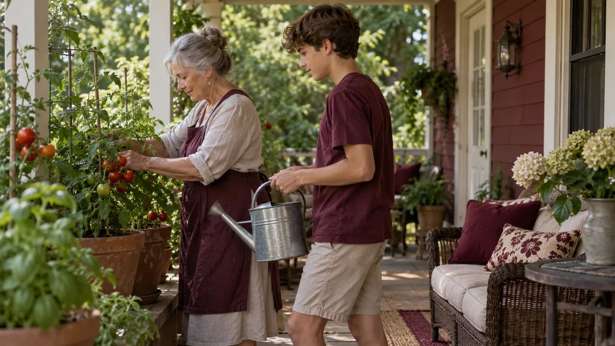 The older woman waters potted tomatoes as her teenage grandson carries the watering can.