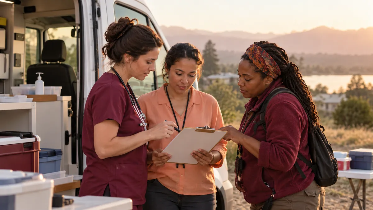 A nurse, a health educator and an outreach worker review the day's plan on a clipboard beside a testing van.