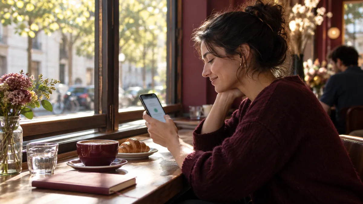 An adult reads a confirmation message on a phone at a cafe window counter in late-summer light.