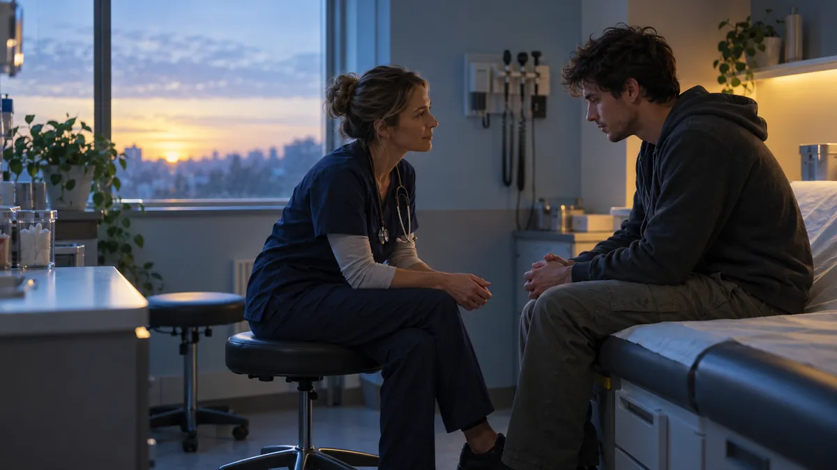 A nurse practitioner talks quietly with a young man in an exam room.