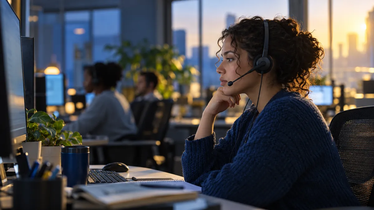A crisis counselor wearing a headset listens carefully on a call at the crisis center.