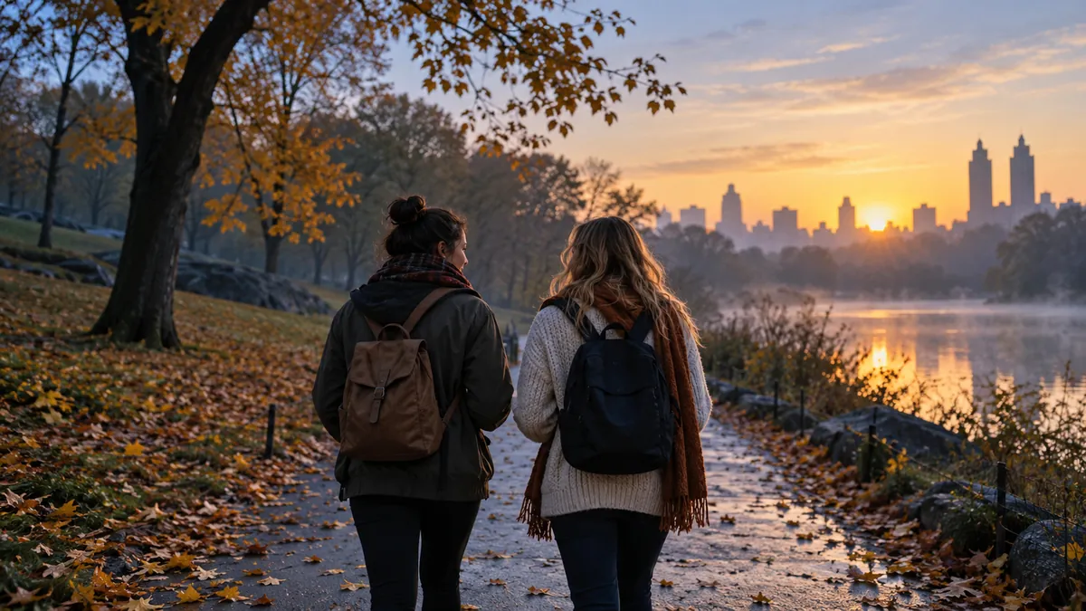 Two friends walk together talking along a park path with autumn leaves.