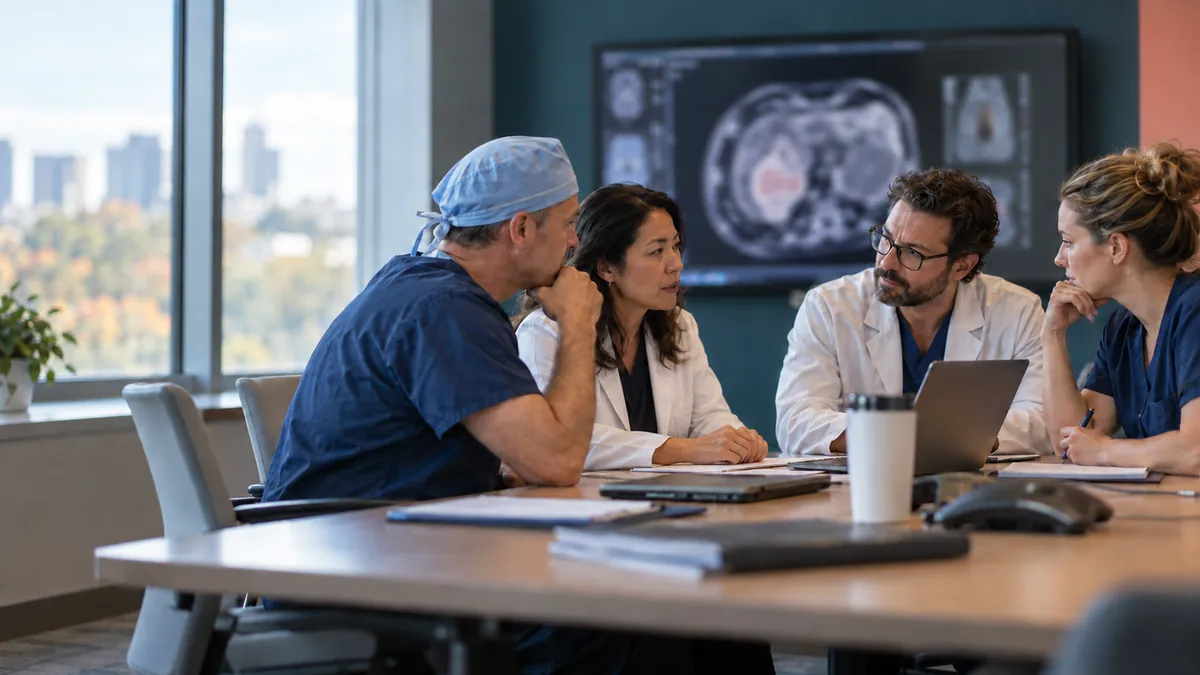 A surgical oncologist, a medical oncologist, a radiologist and a nurse navigator discuss a case around a table.