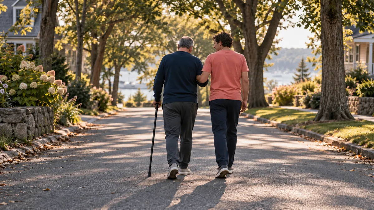 The recovering man walks slowly with his son beside him on a quiet tree-lined street.