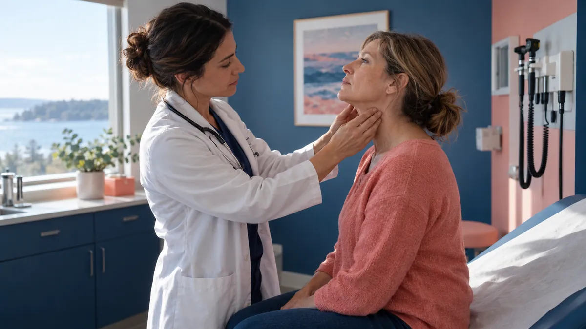 An endocrinologist gently examines the neck of a woman in her forties seated on the exam table.