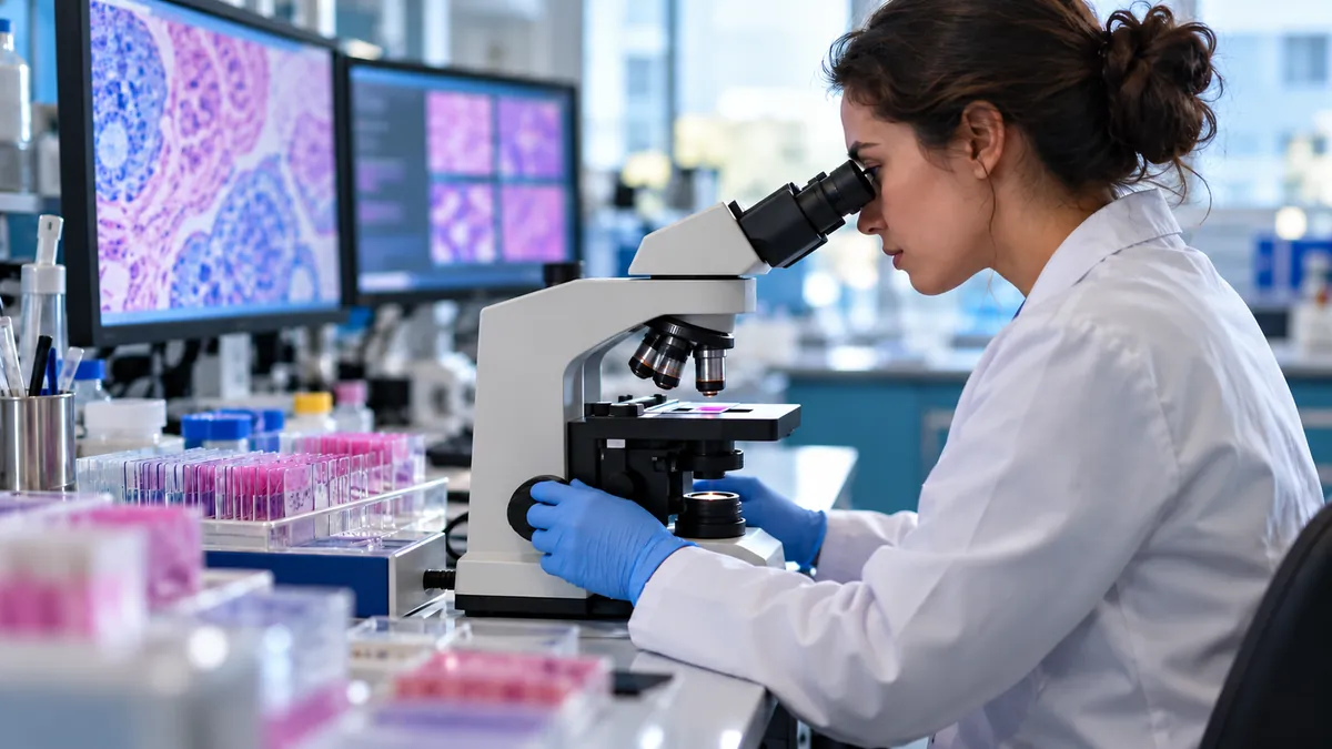 A pathologist reviews thyroid biopsy slides at a microscope in a pathology lab.