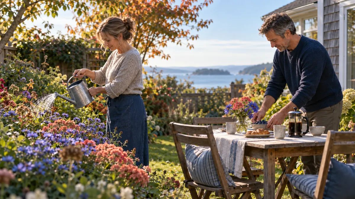 The patient waters plants while her husband sets out breakfast on a small backyard table.