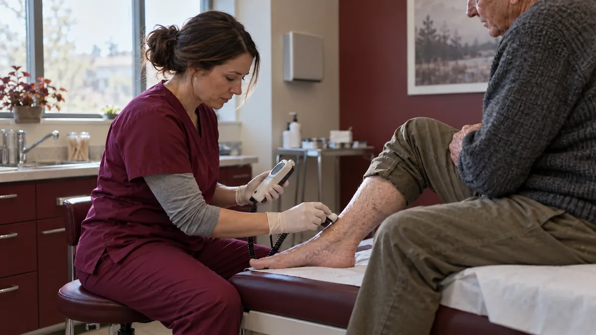 A vascular nurse uses a handheld Doppler at the ankle of an older man seated on an exam table.