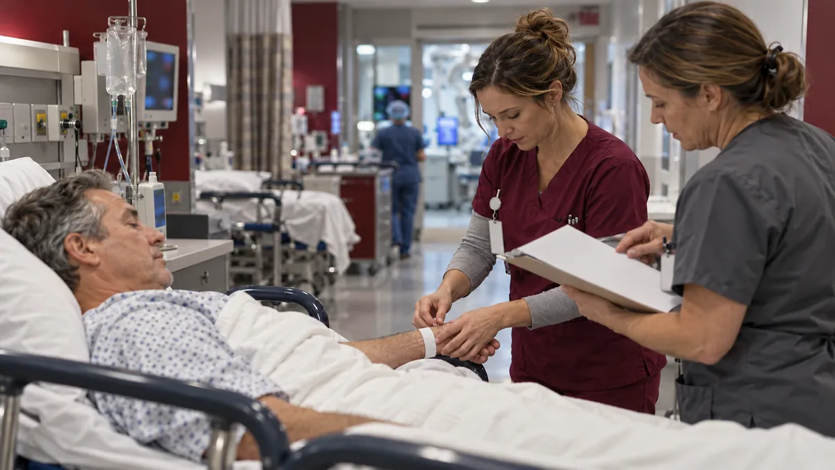 A vascular nurse checks a patient's identification band and reviews a chart with a colleague.