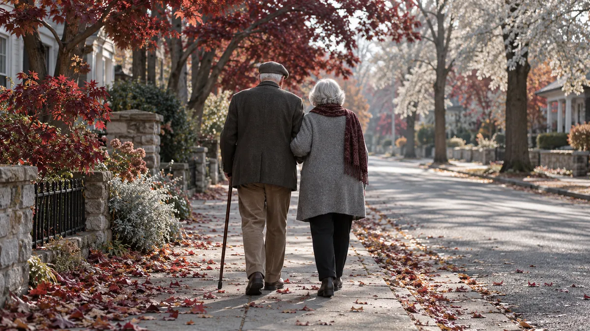 The older man walks with a cane beside his wife on a quiet street with turning leaves.
