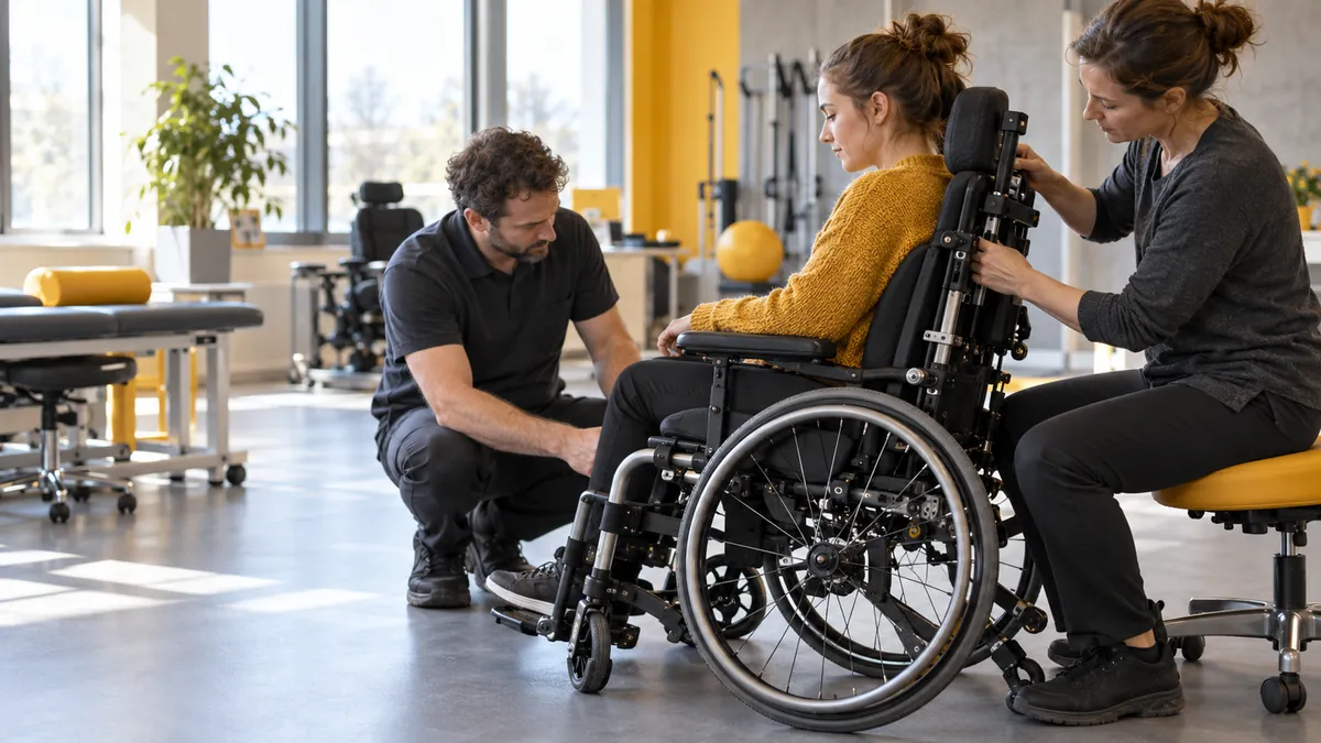 An occupational therapist adjusts a wheelchair backrest for a young woman as a rehab technology supplier kneels nearby.