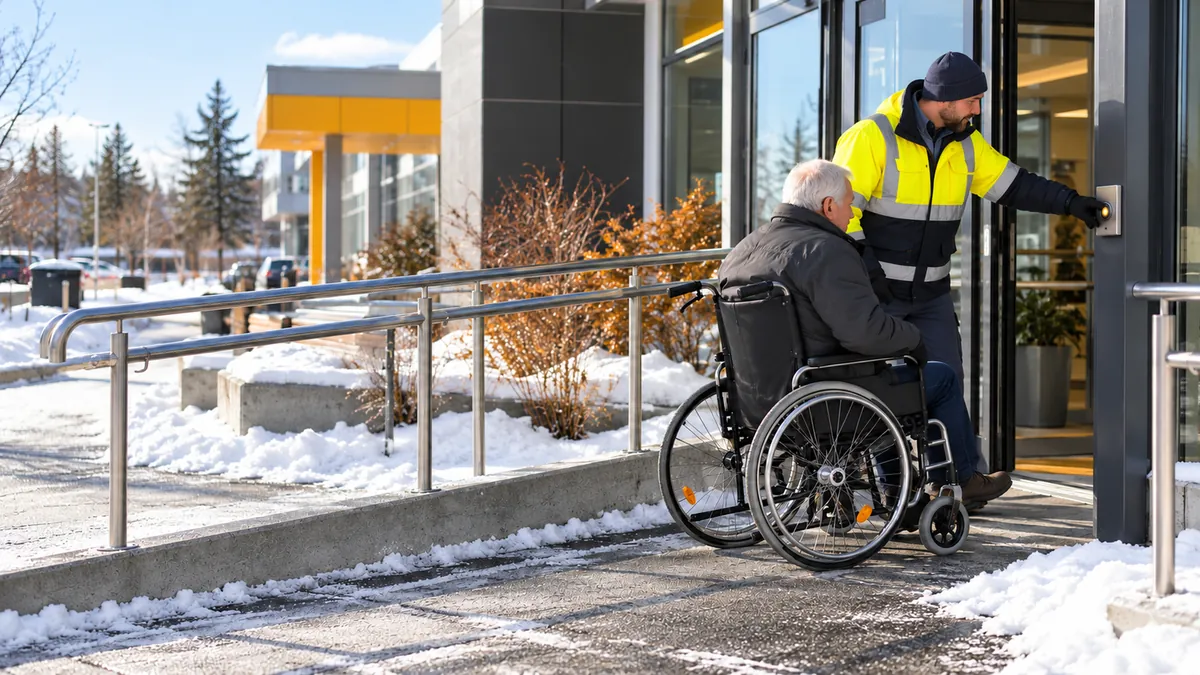 A facilities manager and an older man in a manual wheelchair test a hospital entrance ramp and door opener.