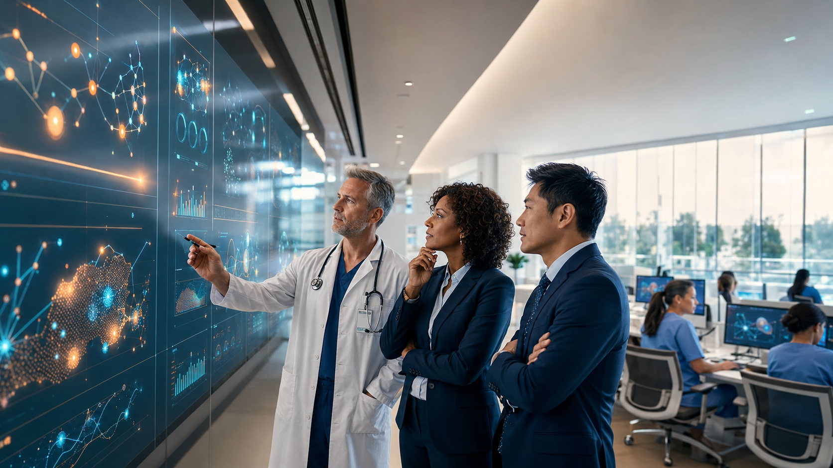 Healthcare executives and a physician reviewing artificial intelligence insights in a bright hospital operations command center.