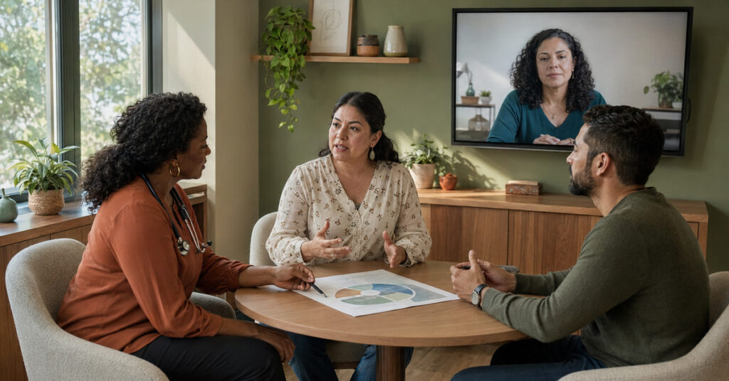 Patient meets with a primary care physician, behavioral health clinician, and remote care manager around one shared care plan