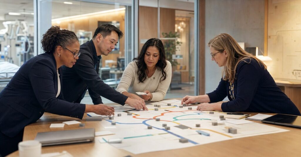 Healthcare, technology, university, and community leaders build a shared service map at an innovation workshop.