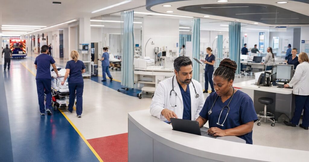Diverse emergency department clinicians coordinate parallel care across an organized hospital treatment area.