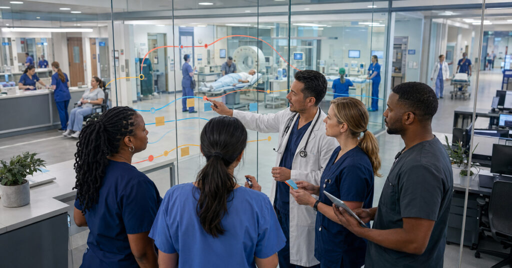 Emergency physician, nurses, and flow leaders map patient journeys across triage, diagnostics, inpatient transfer, and discharge.