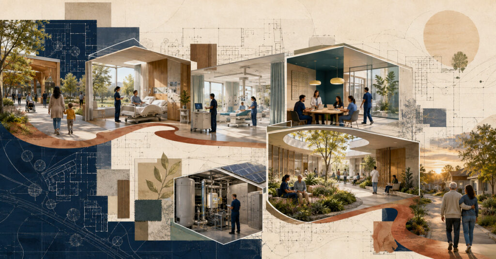 Architectural collage connects community arrival, adaptable care rooms, staff collaboration, healing gardens, resilient infrastructure, and return home.