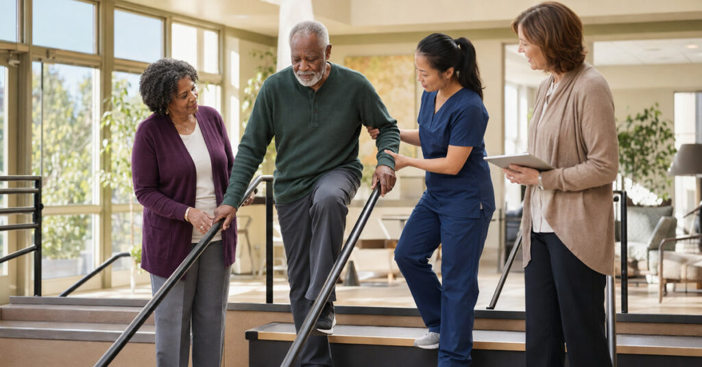 Older adult practicing a safe step-up with a physical therapist, spouse, and geriatric care manager