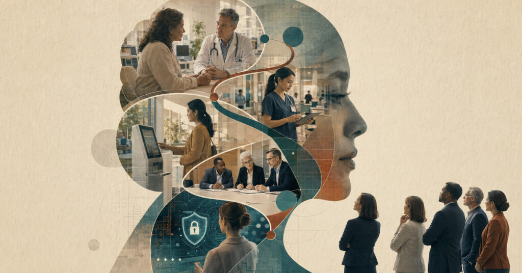Double-exposure profile connects patient care, nursing workflow, access, governance, and cybersecurity under human leadership.