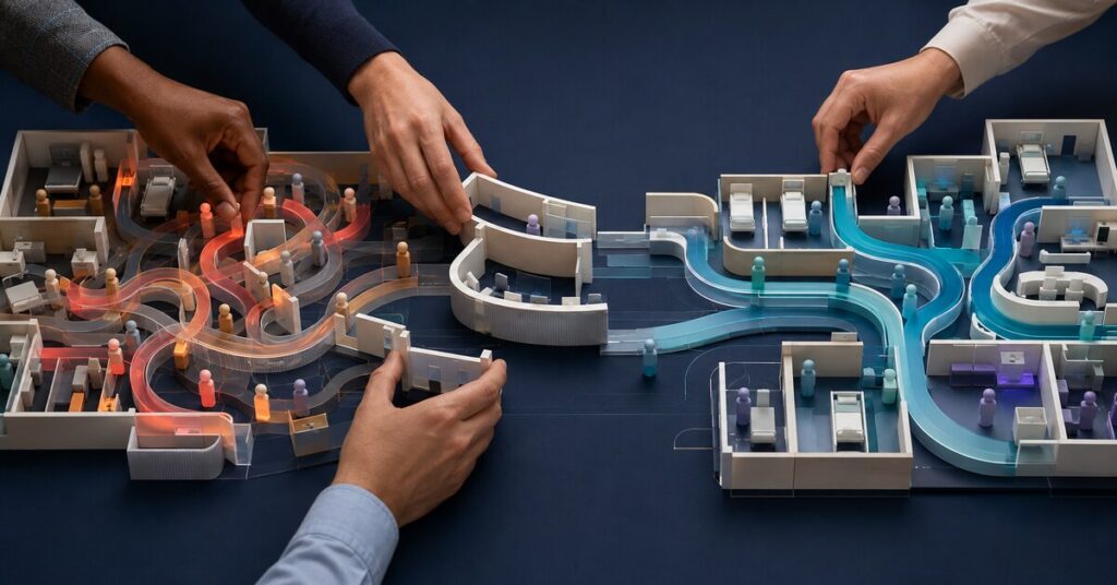 Diverse hands reorganize a miniature hospital pathway from congested care flow to a coordinated system.