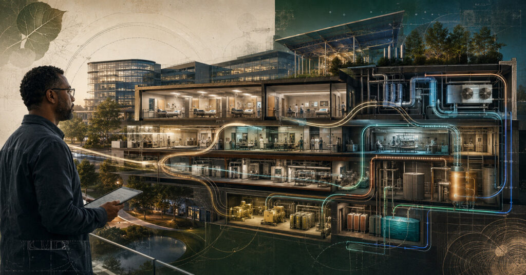 Hospital facilities leader reviews interconnected energy, air, water, and resilience systems across a clinical campus