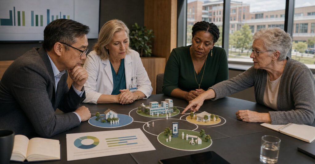 Healthcare leaders and a patient representative allocate resources across primary, hospital, home, digital, and community care