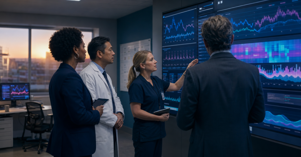 Healthcare leaders reviewing predictive analytics signals in a hospital operations center