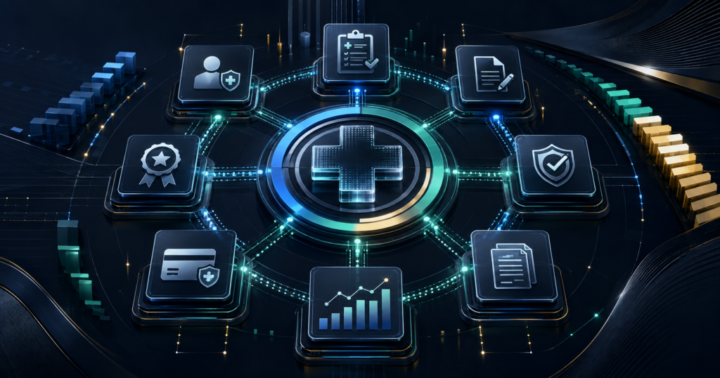 A healthcare reimbursement command center connecting access, documentation, coding, claims, quality, contracts, patient payments, and analytics.