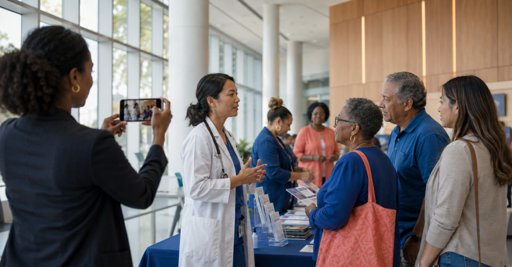 Hospital communications leader documenting a clinician speaking with community members at a health education event