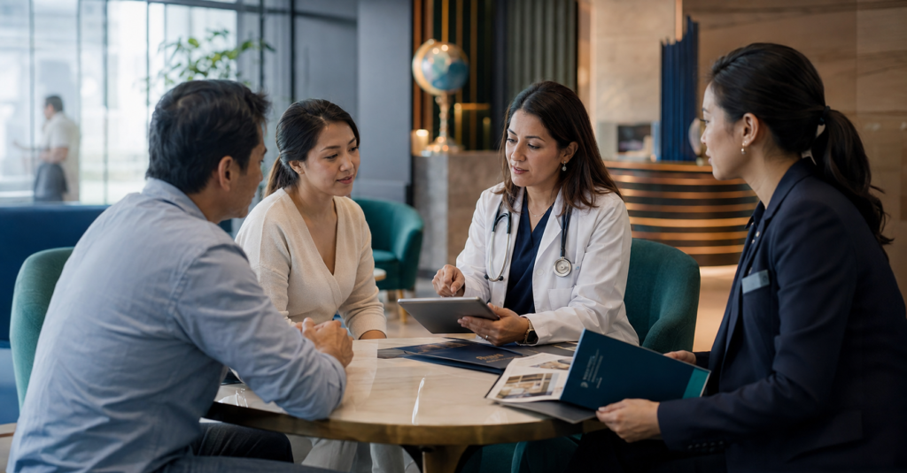 Physician and professional interpreter reviewing a cross-border care plan with an international patient and family member