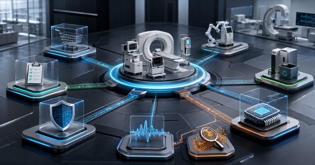 A medical device lifecycle control tower connecting selection, clinical integration, cybersecurity, safety monitoring, AI, maintenance, and retirement.