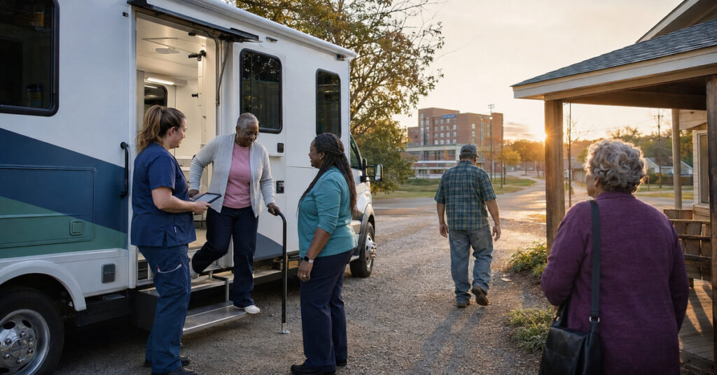 Mobile health clinic team welcomes older adults at a trusted community site near a regional hospital