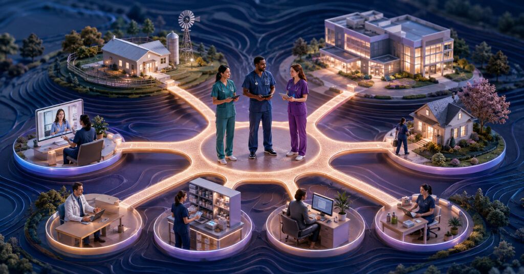 Nurse practitioner care network connects primary, specialty, rural, home, virtual, pharmacy, and team-based care