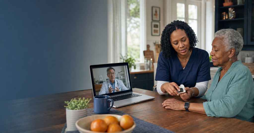 Older patient receiving coordinated in-home and virtual care through patient-centered technology.