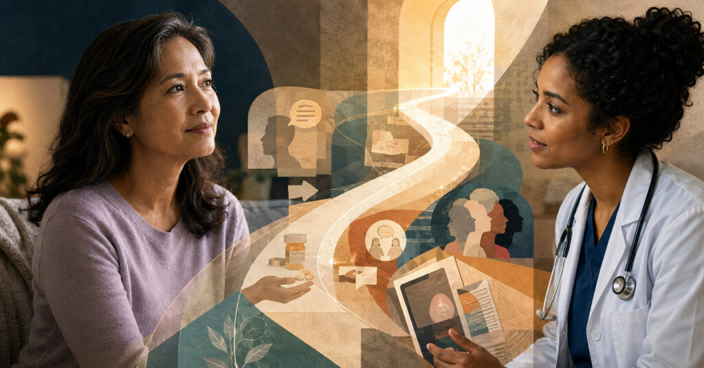 A clinician listens to a patient across a visual pathway from medical information to confident home action