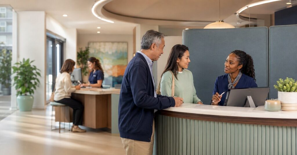 Registration specialist assists an older patient and his daughter at a modern hospital concierge desk.