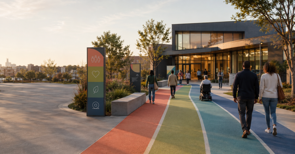 Diverse community following clear healthcare wayfinding paths to an accessible care center.