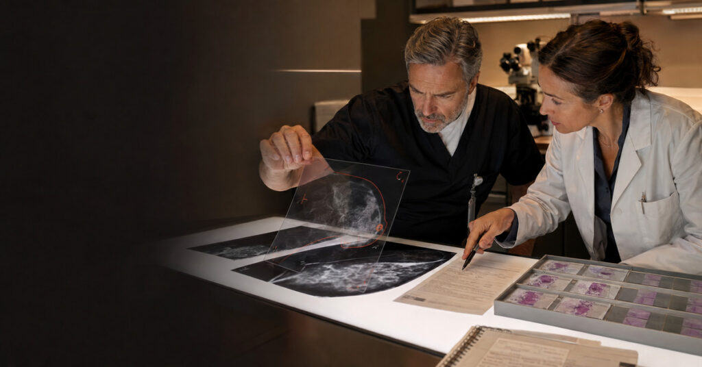 Two diagnostic specialists compare a radiographic image, an AI-marked transparent overlay, and specimen evidence.