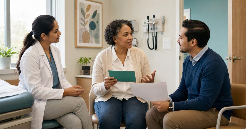 A primary care physician and behavioral health clinician join a patient for a warm handoff in the same exam room.