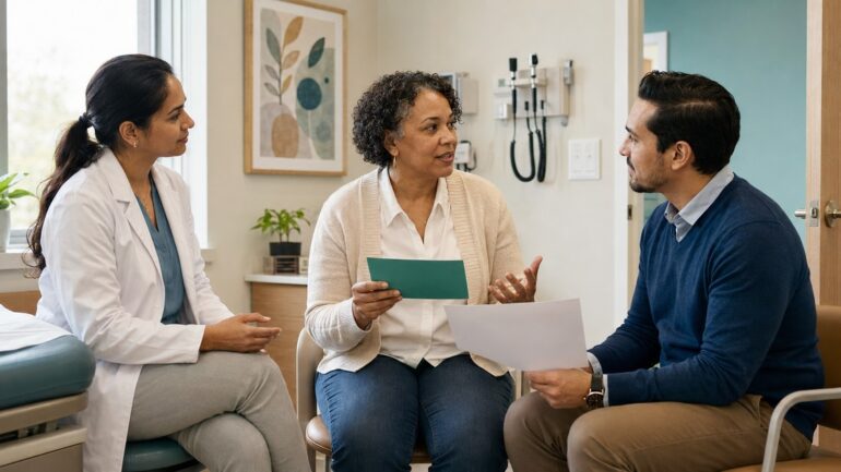 A primary care physician and behavioral health clinician join a patient for a warm handoff in the same exam room.